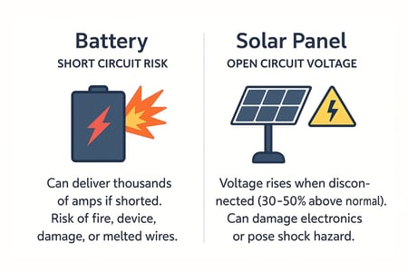 Infographic showing risks of battery short circuits and solar panel open circuit voltage with icons and safety warnings.