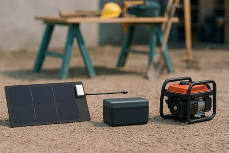 Portable solar panel, battery pack, and gas generator arranged on the ground near a workbench with tools and a yellow hard hat.