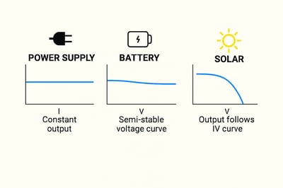 Diagram with labeled icons and graphs comparing power supply, battery, and solar output behaviors by current and voltage curves.