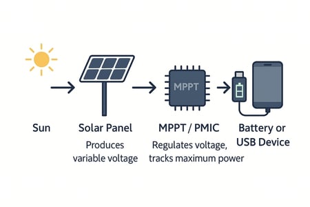Diagram showing solar energy flow from sun to panel, through MPPT/PMIC regulator, and into a battery or USB device.