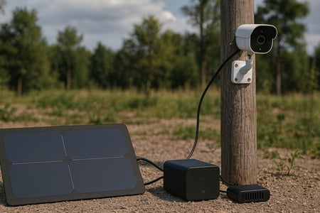 Solar-powered outdoor security camera setup with a solar panel, battery pack, and mounted camera on a wooden post in a rural area.
