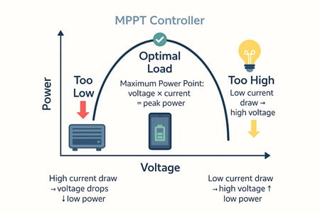 Graph illustrating MPPT controller function, showing optimal load for peak power and effects of too low or too high voltage on power output.