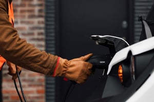 A person wearing a brown jacket and work gloves plugs a charging cable into the front of a white GEM low-speed electric vehicle, with a brick wall in the background.