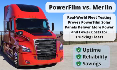 Red Nussbaum Freightliner semi-truck with solar panels on the roof, parked near a fence, with text promoting PowerFilm's advantages in power, cost, uptime, reliability, and savings.