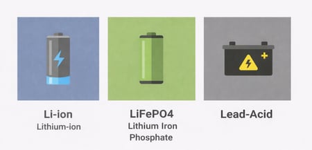 Illustration comparing three battery types: lithium-ion, LiFePO4 lithium iron phosphate, and lead-acid, each shown as a distinct battery icon with labels.