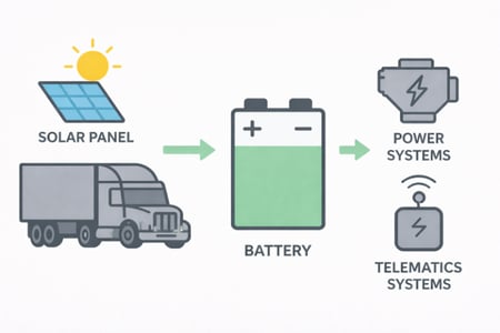 Diagram labeled “Solar Panel,” “Battery,” “Power Systems,” and “Telematics Systems,” showing a truck and solar panel charging a central battery, with arrows indicating power flow to vehicle and telematics systems.