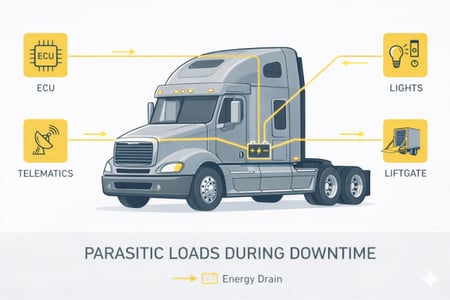 Diagram of a semi truck showing parasitic electrical loads during downtime, with battery power feeding ECU, telematics, lights, and liftgate, labeled as energy drain.