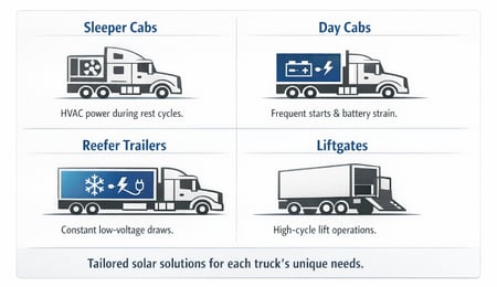 Grid illustration showing truck use cases: sleeper cabs with HVAC power, day cabs with frequent starts and battery strain, reefer trailers with constant low-voltage draws, and liftgates with high-cycle operations.
