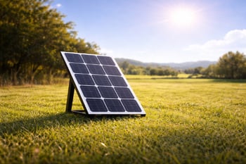 Outdoor solar panel mounted on a small stand in a grassy field, angled toward bright sunlight, with trees and rolling hills in the background under a clear sky.
