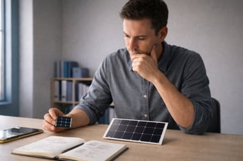 Man seated at a desk examining a small solar panel while a larger panel rests on the table, with an open notebook and phone nearby, in an indoor workspace.