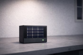 Small indoor solar panel device resting on a countertop, with a rectangular panel on the front and a green indicator light illuminated, against a neutral indoor wall background.