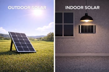 Split image comparing solar panels: left shows an outdoor solar panel on grass under sunlight, labeled “Outdoor Solar,” right shows a small solar panel mounted indoors under a lamp, labeled “Indoor Solar.”