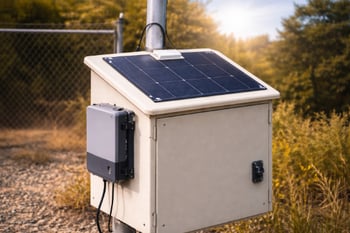 Solar-powered outdoor equipment enclosure mounted on a pole, with a small solar panel on top and an attached control box, set near a fence with dry grass and trees in the background.