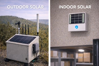 Split image comparing solar setups: left shows an outdoor solar-powered equipment box with antennas in a rural landscape labeled “Outdoor Solar,” right shows an indoor wall-mounted solar device in a warehouse labeled “Indoor Solar.”