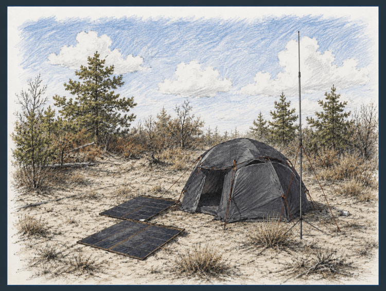 Solar-powered amateur radio field station with a tent shelter, portable radio equipment, battery storage, and solar panels deployed in open terrain.