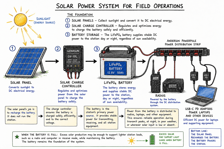 Diagram showing how a solar panel, charge controller, LiFePO4 battery, power distribution system, radio, and laptop connect in a solar-powered amateur radio station.