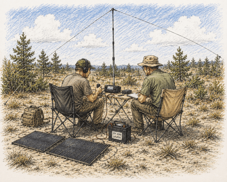 Two amateur radio operators running a solar-powered QRP field station with portable antennas and battery power in a remote location.