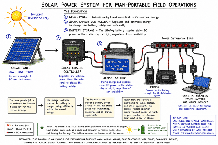 Power flow diagram showing a compact solar panel, charge controller, LiFePO4 battery, power distribution system, radio, and laptop for a portable field station.