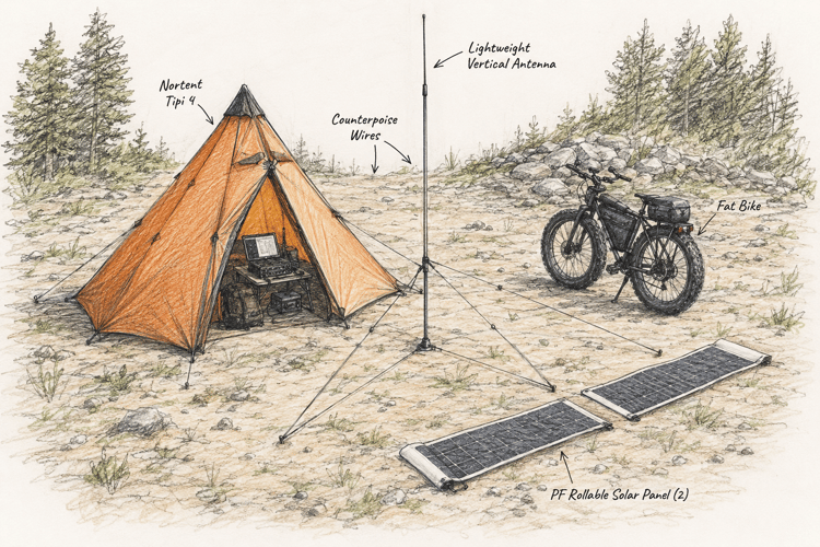 Tent-based amateur radio field station with bicycle transport, portable antenna, battery system, and solar charging equipment.