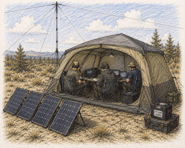Large off-grid amateur radio field station with solar panels, battery storage, multiple operators, and elevated antenna systems.