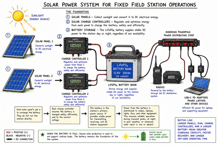Diagram illustrating dual solar panels, charge controllers, battery storage, radios, and computers in a fixed off-grid field station.