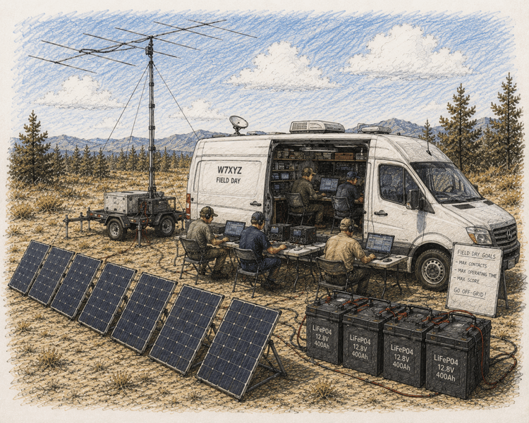 Communications vehicle with large solar array, battery bank, antenna mast, and multiple operator positions for Field Day operations.