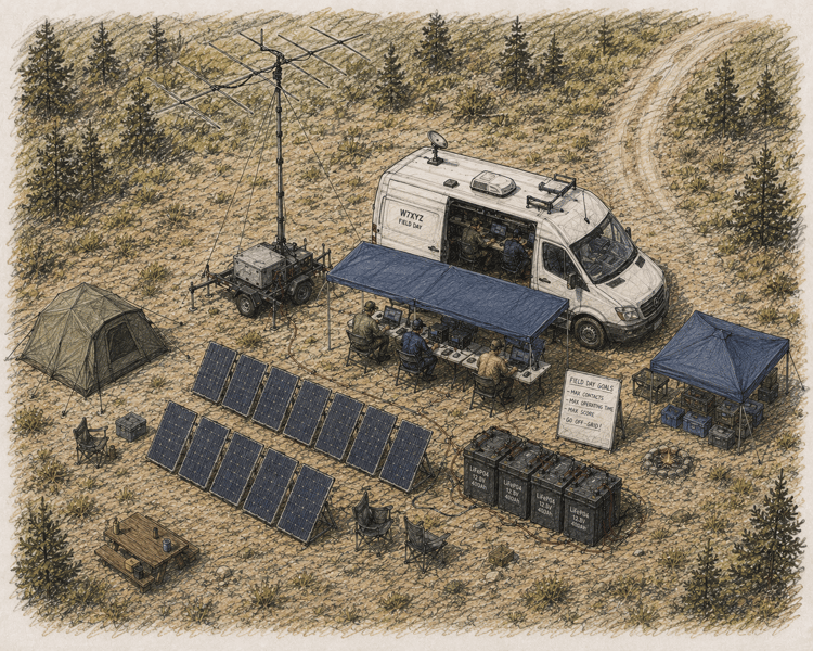Wide view of a multi-operator amateur radio field station featuring a communications vehicle, solar panels, battery storage, shelters, and antenna systems.