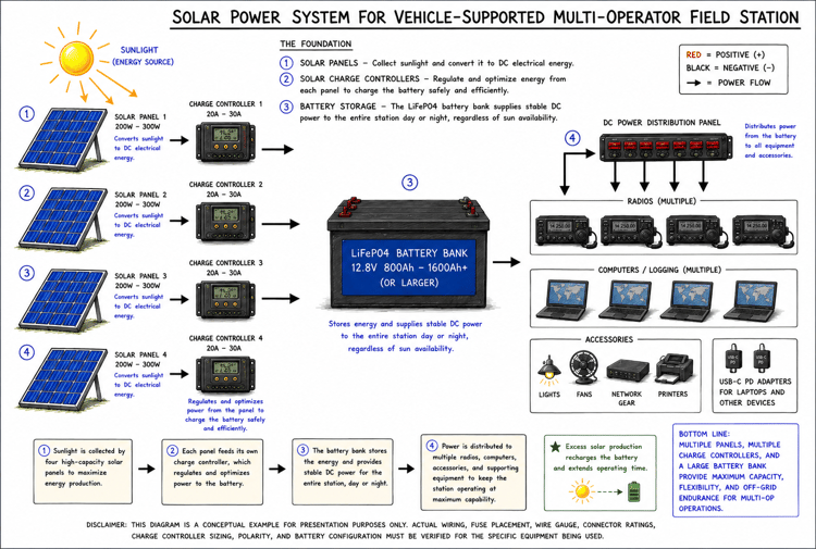 Diagram showing multiple solar panels, charge controllers, battery storage, radios, computers, networking equipment, and power distribution for a large Field Day station.