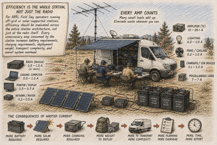 Illustration highlighting power consumption sources in a solar-powered amateur radio station, including radios, computers, lighting, and accessories.