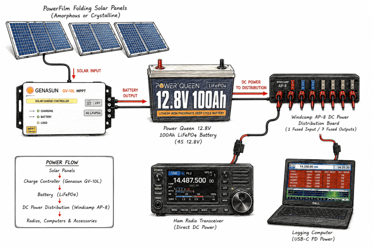 Diagram showing solar panels, charge controller, LiFePO4 battery, power distribution board, radio transceiver, and laptop in a solar-powered field station.