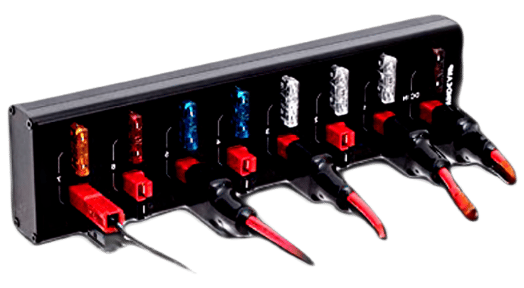 Fused DC power distribution board used to safely route battery power to radios, computers, lighting, and field station accessories.