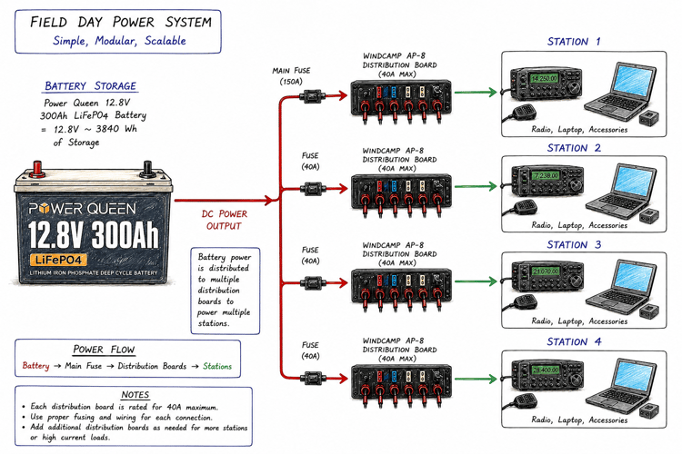 Off-grid radio power system showing solar charging, LiFePO4 battery storage, fused DC distribution, and connected station equipment.