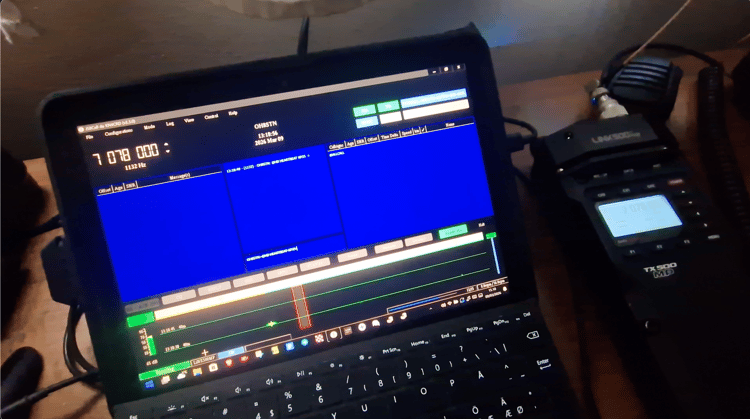 Field computer powered directly from a 12-volt battery system to reduce inverter losses during off-grid radio operations.