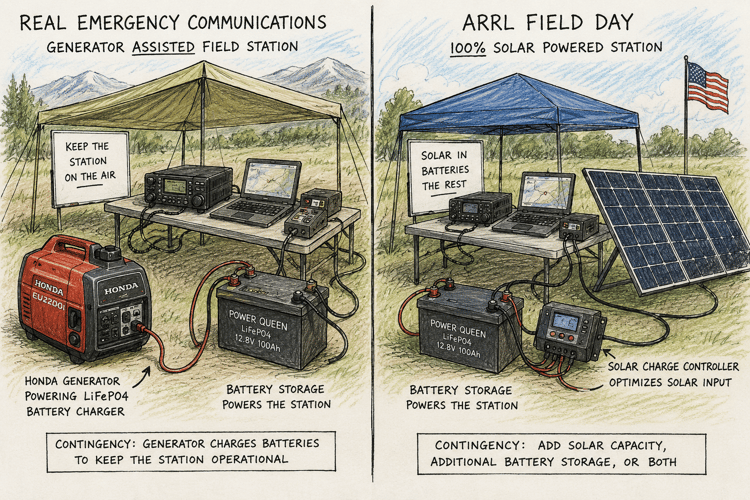 Portable generator and battery charger used as a backup charging option for real emergency communications deployments.