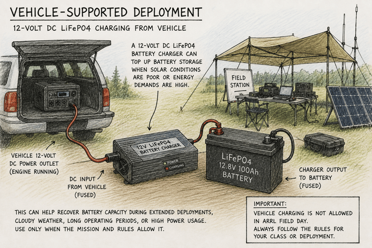 Vehicle-supported LiFePO4 battery charging setup used to restore off-grid station power when solar conditions are poor.