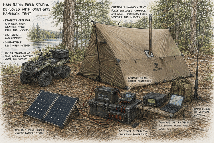 Well-organized solar-powered amateur radio field station designed with simple wiring, battery storage, shelter, and efficient equipment.