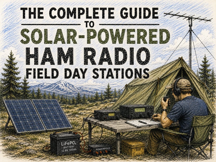 Solar-powered ham radio Field Day station with portable solar panels, battery storage, radio equipment, antenna, and field shelter in a remote outdoor location.