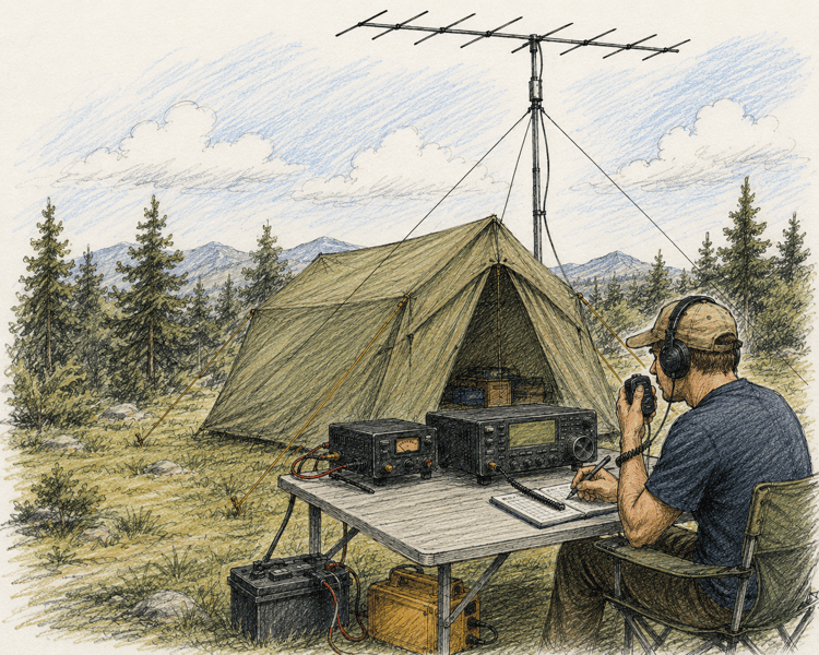 Amateur radio operator working from a tented field station with a portable antenna in a remote outdoor location during Field Day operations.